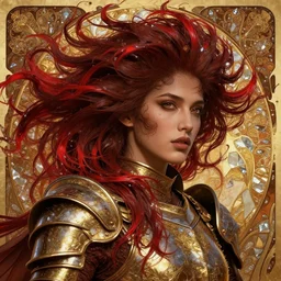 song of the wind, detailed beauty face portrait, chocolate, crimson water, gold. opulent swirling hair intricate background, armor, fantasy art by peter morebacher, greg rutkowski, craig mullins, ruan jia, thomas kinkade, victor ngai, james jean, gustav klimt, alphonse mucha, unreal engine, blender, octane, ray tracing. fractal crystal, sharp