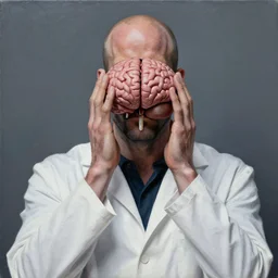Papier Mache Biopunk Jason Statham conceals his brain whilst wearing a white labcoat acrylic painting edouard riou ruan jia greg rutkowski achille beltrame