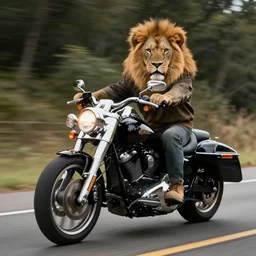 a cool lion on a Harley Davidson on the road, cinematic