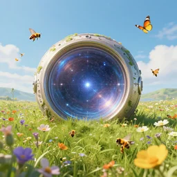 intergalactic stargate portal in the middle of a field of flowers, with bees and butterflies all around it, style of inception dream