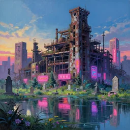 a beautiful very detailed painting of abandoned city building industrial architecture cemetery by stanley spencer, sea anime tokyo thermal vision nightvision neon signs landscape at dawn sunlight vaporwave lake flowers neon noir synthwave futuristic, archdaily, wallpaper, highly detailed, trending on artstation.