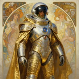 knights templar in a space suit with gold cape, futurism, glowing inside helmet, character design, painting by gaston bussiere, greg rutkowski, artgerm, alphonse mucha, trending on artstation