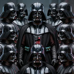 a portrait of many copies of darth vader having a standoff and realizing they can't take each other on, realistic, hyper realistic, 8 k, raytracing, dynamic lighting, accurate, intricate, detailed, symmetrical