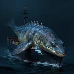 sea monster looks like ship, deep dark sea, marine animal, highly detailed, digital painting, smooth, sharp focus
