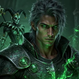 an oil art close up portrait of young man, roma dark paladin, with grey green magic in style of dark souls character, gipsy man jester character design from ravenloft, 4 k, ultra detail, volumetric lighting, unreal engine, octane render