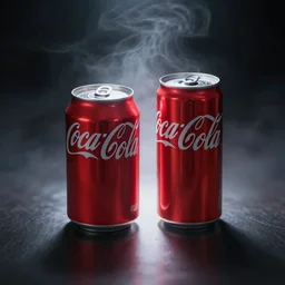 a still life study of two cans of coca-cola, lighting study, volumetric light, volumetric fog