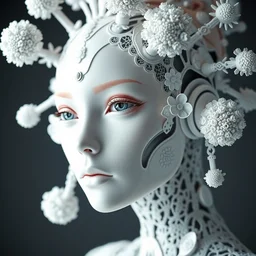 complex 3 d render close - up shot hyper detailed ultra sharp beautiful futuristic stunning biomechanical humanoid woman with porcelain ivory face, filigree lace, iris van herpen daisies corals cyberpunk haute couture headdress with rhizomorph finials spires, brackets, fractal embroidered puffballs, octane render, 8 k