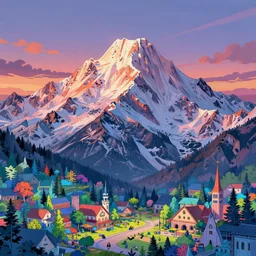 the aesthetic view of the beautiful, grand, wistful, dreamy snowcapped mountain at dusk, hyperrealistic anime illustration by iralki nadar, colorful, extremely detailed, intricate linework, super sharp focus, bright colors, octopath traveler, studio ghibli, unreal engine 5 highly rendered, global illumination, radiant light, detailed and intricate environment