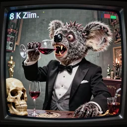 movie frame still from live action crazy koala zombie with long and sharp fangs in a tuxedo drinking wine from a skull, 8 k, vhs glitch, old tv, ultra wide angle, zenith view, greg rutkowski, intrincate, highly detailed, ilm, oscar winning photography, grain, dramatic lighting, greg nicotero, horrifying movie, horror movie