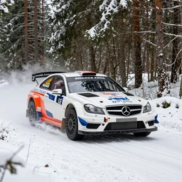 a 2 0 1 0 mercedes - benz c 6 3 amg, racing through a rally stage in a snowy forest