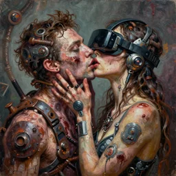 junky men kissing junky women, cybertronic gadgets and vr helmet, flesh + technology, durty colours, rotten textures, rusty shapes, biotechnology, norman rockwell, tim hildebrandt, dariusz zawadzki, bruce pennington, larry elmore, hyperrealistic oil painting on canvas, deep depth field, masterpiece, cinematic composition, hyper - detailed, hd, hdr
