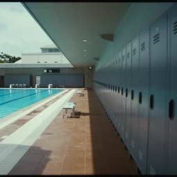 home video footage, hallway leading to locker rooms in a public swimming pool facility in japan ; daylight, summer, color vhs picture quality