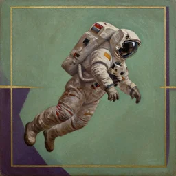 textured _ art _ deco _ painting _ of _ astronaut _ side _ profile _ full _ body _ flying _ from _ bottom _ left _ to _ top _ right _ muted _ greens _ and _ browns _ geometric _ gold _ and _ deep _ purple