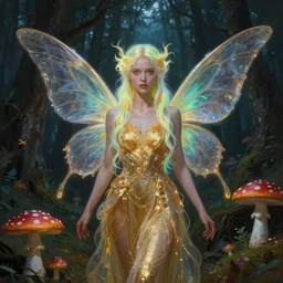 stunningly beautiful female faerie priestess in amanita muscaria forest landscape, symmetrical wings on back, neon hair, fantasy art, wearing a dress of gossamer gold, dark light night, sharp focus, digital painting, 4 k, concept art, art by wlop, greg rutkowski and alphonse mucha, brom, face by otto schmidt