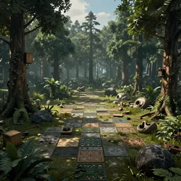 plataform game concepts, game Tiles forest, unreal 5, hyperrealistic, realistic, photorealistic, dynamic lighting, highly detailed, cinematic landscape, studio landscape, studio lighting