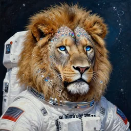 realistic extremely detailed  photo style portrait painting of a complete astronaut suit with lion head with exposed diamond 3d fractal lace iridescent bubble 3d skin clear brain , retro futuristic ,water , style hybrid mix of beeple,Anton Pieck,Jean Delville, Amano,Yves Tanguy, Alphonse Mucha, Ernst Haeckel, Edward Robert Hughes,Stanisław Szukalski , rich moody colors,diamond dust glitter and sparkles, holographic krypton ion,blue eyes,octane render,4k,f32