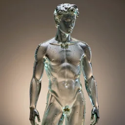 a statue of a young fit man made of transparent glass, by philippe starck and victoria hagan, cinematic lighting, soft internal light, covered in water drops, detailed digital photography by rutkovski and beksinski, masterpiece, gorgeous, 4 k