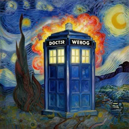 tardis from doctor who exploding with a galaxy in the background, painting by vincent van gogh