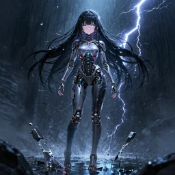 full body!!!, digital dark fantasy cyberpunk anime!!, shattered beautiful cyborg - girl!!! in the style of arcane, lightning, raining!!, water refractions!!, black long hair!, colorful reflective eyes, full round face!, biomechanical details, mid - shot, reflections, wlop, ilya kuvshinov, artgerm