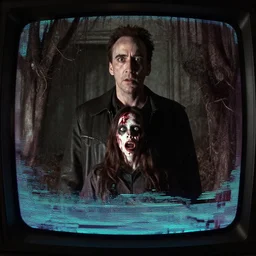 movie frame still from live action silent hill starring nicholas cage, 8 k, vhs glitch, old tv, ultra wide angle, zenith view, greg rutkowski, intrincate, highly detailed, ilm, oscar winning photography, grain, dramatic lighting, greg nicotero, horrifying movie, nightmare fuel, horror movie