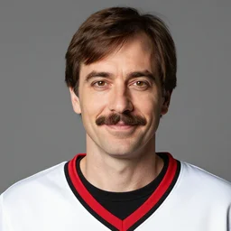 A European man with short brown hair that has parted bangs and has a moustache on his face, has brown eyes, and a smile on his face, 35 years old, wearing a white shirt with a black and red v-neck, and a black undershirt, portrait, photograph, real life, 4K resolution, studio quality, highly detailed,