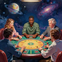 people playing in a casino gambling by inio asano, beeple and james jean, aya takano color style, 4 k, super detailed, night sky, digital art, digital painting, celestial, majestic, colorful