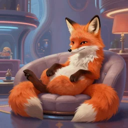 anthropomorphic fox lounging in a futuristic hotel, anthro, furry, painting