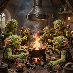 d & d art showing a group of crazy green goblins cooking frantically in a hectic medieval kitchen
