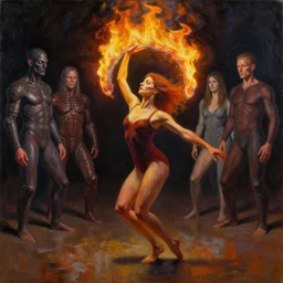 a woman dancing with fire by dariusz zawadzki, vladimir kush, h.r. giger, alex gray and jeffrey smith, oil on canvas, 8k highly professionally detailed, trending on artstation