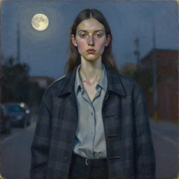 portrait in evening femininity, ethnic, realistic face sculpted features, thin and statuesque model, street outfit with layered shirts, plaid, jacket with buckles, cool shade, bathed in moonlight, chiaroscuro, specular highlights, angular impressionism, patina, midnight color scheme, dusky tones, modern fashion, contemporary art, oil on canvas