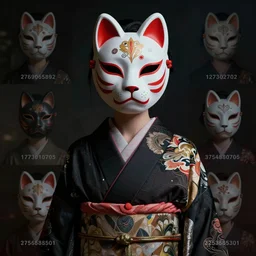 a Photorealistic dramatic fantasy render of a beautiful woman wearing a beautiful intricately detailed Japanese Cat Kitsune mask and clasical Japanese Kimono by WLOP,Artgerm,Greg Rutkowski,Alphonse Mucha, Beautiful dynamic dramatic dark moody lighting,shadows,cinematic atmosphere,Artstation,concept design art,Octane render,8K The seeds for each individual image are: [2769065892, 349519043, 127302702, 1892787522, 595438501, 3324810705, 675688536, 307087866, 4253585301]