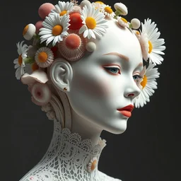 biomechanical beautiful woman portrait with a smooth carved porcelain ivory profile face, futuristic haute couture, iris van herpin, headdress with daisies, colorful puffballs, mushrooms, rhizomorphs, brackets, sponge corals, laser cut paper lace collar, red lips, fine gold details, octane highly render, hyper detailed, ultra sharp, 3 d render, 8 k, uhd