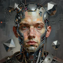 an extremely high quality hd, a digital painting of a man's face surrounded by mechanical parts, cyberpunk art by h. r. ( hans ruedi ) giger, featured on cgsociety, afrofuturism, circuitry, tesseract, dystopian art, 8 k, ultra realistic, very realistic