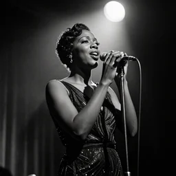 a photograph of a black jazz singer, 1 9 3 0 s jazz club, smokey room, medium low angle, spotlight on singer