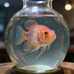Hyper realistic, ultra 4K, close up, photorealistic glass bottle containing a blobfish, glimmering reflections, huge glass bottle containing blobfish inside bottle, in room with lights, blobfish in bottle, large blobfish visible in frame