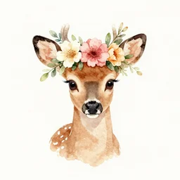 watercolour illustration of a fawn wearing a flower crown, watercolours, paint, minimalist
