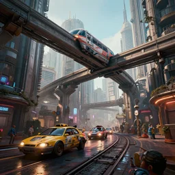 in an atompunk city with vehicles and a monorail, highly detailed, 8 k, hdr, award - winning, octane render, artstation, volumetric lighting