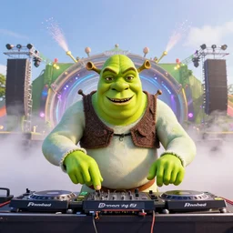 promotional image of Shrek DJing a giant EDM festival, fog and special effects, movie still, promotional image, imax 70 mm footage