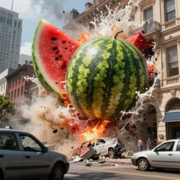 a giant watermelon splash ,big impact hit on the building, explode and chaos, Holywood scene, full color, broken cars