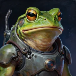 Dieselpunk Portrait Rage Frowning Face Head Ears Slimy Amphibian Bufo Toad Bullfrog Guy In Space Facial Illustration Wearing Nanotech Spacevest GuildWars2 Cover Art Kieran Yanner Brad Rigney willian murai ilya repin Dragan Bibin Pete Mohrbacher Raymond Swanlandy stephan matiniere Anime Brushstrokes Oil Painting Chad Musculature