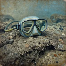 rocky sea floor glimmering thin contours mixed media aged fresco, abandoned scuba visor