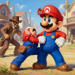 waluigi from the mario series dressed as a cowboy fighting outlaws in a town, cinematic still frame oil painting, high detailed painting, greatly illustrated )