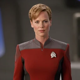 movie film still of Charlize Theron as Beverly Crusher in a new Star Trek The Next Generation movie, cinematic