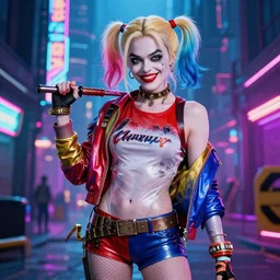 Harley Quinn in a cyberpunk street, concept art, digital art, well detailed, trending on artstation, with neon colors, 8k