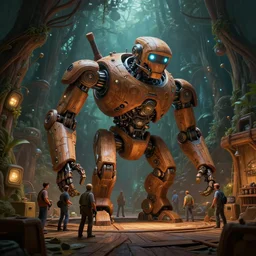 engineers work around a giant organic wooden mech in an orgainic wooden loading bay, solarpunk, organic bioluminescent lights, forest canopy understory, cinematic lighting, dark and moody, octane render, 3 d pixar disney digital cgi rtx hdr painting, highly detailed, artstation cgsociety masterpiece, by syd mead, greg rutkowski, wlop, artger
