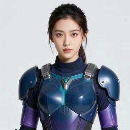a stunning upper body portrait of a beautiful young woman wearing futuristic navy blue and teal battle bodyarmor and pauldrons and ombre purple and pink hairstyle with hair blowing in the wind, by marvel comics, outrun, vaporware, neon, highly detailed, fine detail, intricate, digital art, trending on artstation