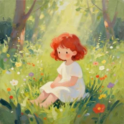 a cute young girl with short curly red hair sitting in a field of flowers, god rays are passing through the trees in the background, abstract painting, low saturation