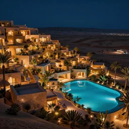 habitat 6 7, terraced architecture hotel in the dessert, many plants and infinite pool, night view, cinematic, cyberfunk future neon lamp