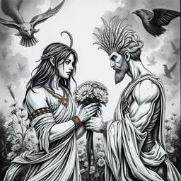 ares giving flowers to hades, ink painting, ultra detailed, concept art, 8 k