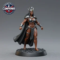 80mm resin detailed miniature of a Very Muscular Queen, dark brown skin, long cloak, bikini-armor, iron crown, skin-head, on textured disc base, Company logo in upper left corner; Miniature product Photo, 4K, Full body